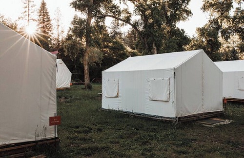 Canoncito RV Rental | 2 Person Glamping tent with one Queen Bed @ Field Trip NM .