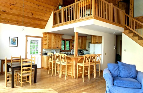 Cummington House | 3BR Riverfront Log Home with Steam Sauna, Soaring Glass Wall & Private Forest