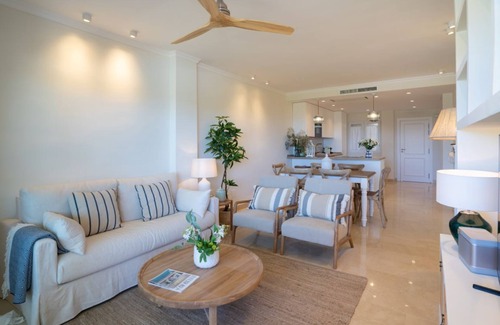 Nikki Beach Apartment | Beachfront complex Neptuno II, sea view, pool and garden, Elviria.