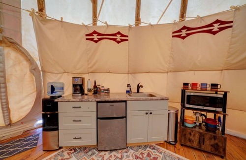 Mount Pleasant RV Rental | Bear Paw Den · Glamping Teepee w/King Bed sleeps 4 w/private pond