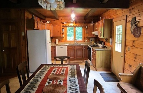 Dryden Cabin | Book now Oct Foliage, Fishing lakeside 3 level log cabin: sleeps 8, 3bed 2bath