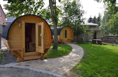Krostitz RV Rental | Caravan '2 Camping Barrels for 4 People' with Shared Garden and Wi-Fi