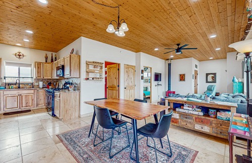 El Prado House | Colorful music-themed home with mountain views, hot tub, woodstove & WIFI