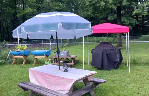 Forestville RV Rental | Comfortable Camper a few miles off thruway and area attractions. Fire ring wood