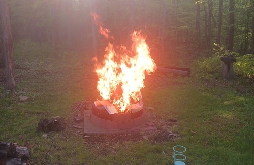 Forestville RV Rental | Comfortable Camper a few miles off thruway and area attractions. Fire ring wood