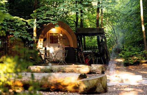 Burghclere RV Rental | Cosy Bluebelle Glamping pod in a secluded woodland clearing