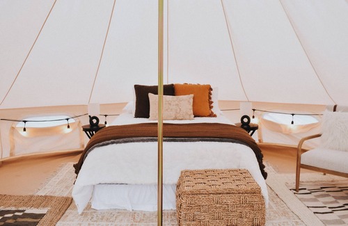 Nordland RV Rental | Cozy glamping tent on Marrowstone Island nestled in a breathtaking apple orchard