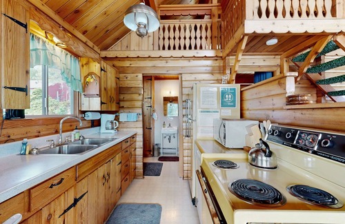 Rollins Cabin | Cozy lakefront log cabin with lake views, vintage decor, & dock