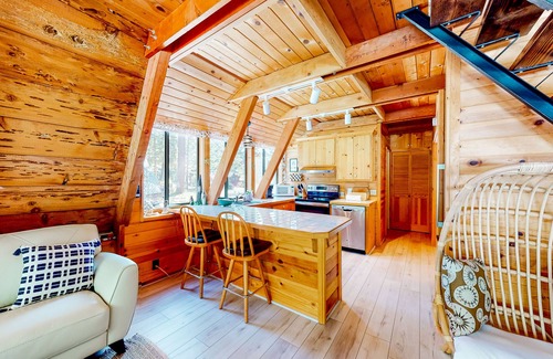 Tahoe Pines House | Dog-friendly A-frame cabin with 2 decks & fireplace - walk to the beach
