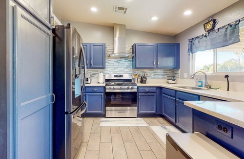 Desert Hot Springs House | Dreamy desert oasis with private yard, firepit, covered lanai, fireplace, & W/D