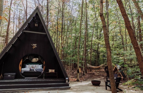 Fennville RV Rental | Enjoy the simplicity and elegance of a cozy bedroom in the woods.