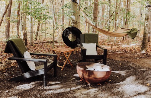 Fennville RV Rental | Enjoy the simplicity and elegance of a cozy bedroom in the woods.