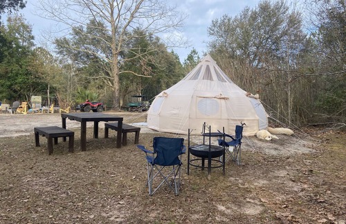Tallahassee RV Rental | Farmstay Glamping AGRItourism retreat-HERSHEYS HUT-cows, chicks, goat, minihorse