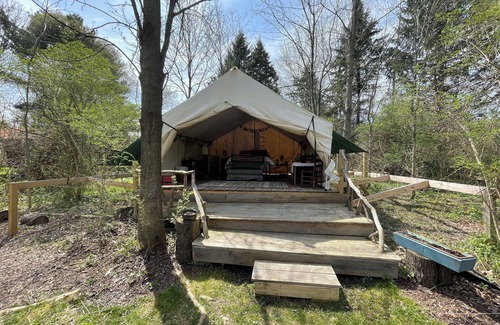 Trumansburg RV Rental | Glamping at CrowNestFarm! Private tent/Communal Bathroom. Dog Welcome