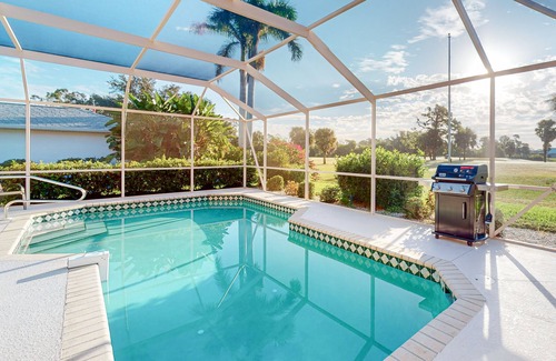Long Meadow House | Golf course-view retreat with a private, heated pool, lanai, AC, & washer/dryer