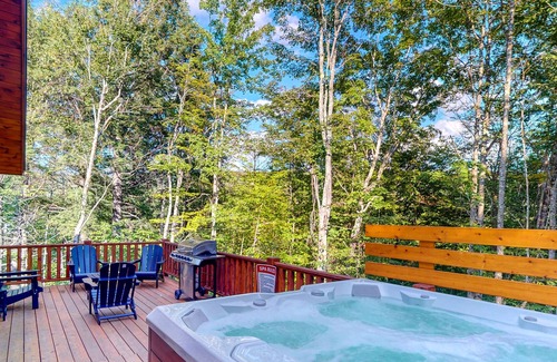 Carrabassett Valley Cabin | Gorgeous dog-friendly home with deck, hot tub, gas fireplace, & spectacular view
