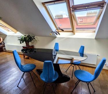 Zizkov House | Guestrooms, rooftop with garden, spacious living room, character and fireplace