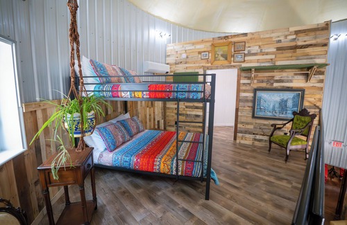 Mount Sterling Bed & Breakfast | Hermann Grain Bins BNB and Retreat Center Guest Grain Bin Foghorn Leghorn is a 2 story 30 plus foot grain bin with two distinct levels. Main level contains two queen beds, living room and full bathroom. Balcony Level contains queen bunk bed and ful