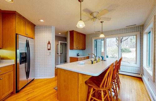 Bridgton Condo | Lakefront condo with on-site pool, dock, swimming, firepit, & tennis