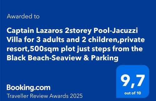 Perissa Villa | Located by the sea one beachfront Private Captain Lazaros Pool Villa with loft in 750sqm spacious private plot-Jacuzzi-sunrelax-furnished terace-gazebo-private parking,sleep 3 adults and 2 children, just steps from the Black Beach-Seaview
