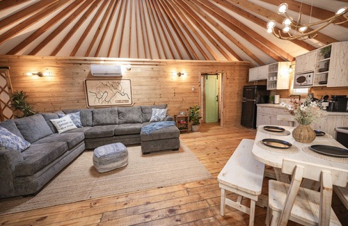 Bandera Cabin | Mockingbird Yurt/Cold A/C! Hot Tub/Medina River Access/River Yurt Village