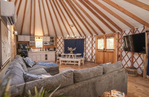 Bandera Cabin | Mockingbird Yurt/Cold A/C! Hot Tub/Medina River Access/River Yurt Village