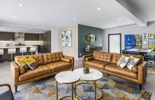 Warm Sands House | Modern Posh – Mid-Century Oasis with Pool, Spa, Game Yard & Mountain Views