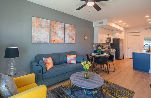 Desert View Village Condo | Modern Stay Swim Breaks In-Unit Laundry Work Desk