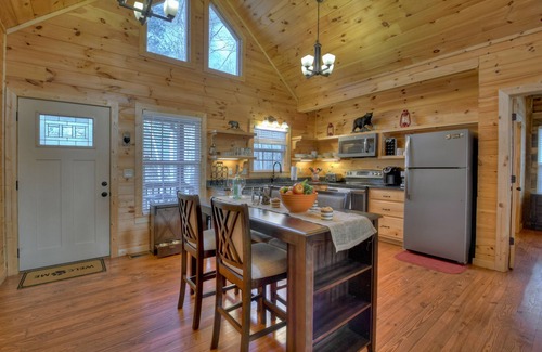 Ellijay Cabin | Mountain Livin' beckons with pet-friendly charm, complete with a fenced yard, soothing hot tub, crackling firepit, and reliable WiFi