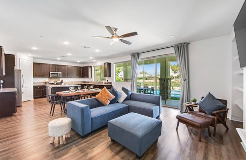 Indio House | Mountain-view home with private pool/spa, central AC, washer/dryer, & game room