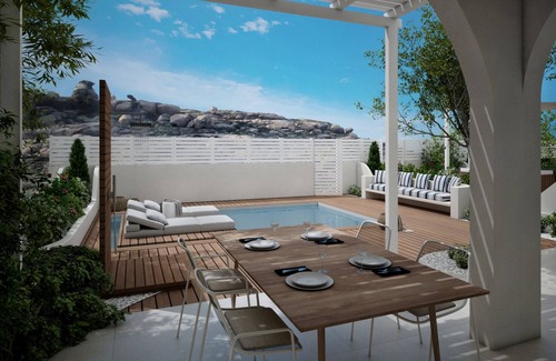 Agios Prokopios Apartment | Open-plan suite with garden view and private plunge pool; breakfast included