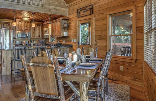 Mineral Bluff Cabin | Pet-friendly, mountain view cabin rent with an outdoor fireplace, hot tub and pool table. Free WiFi