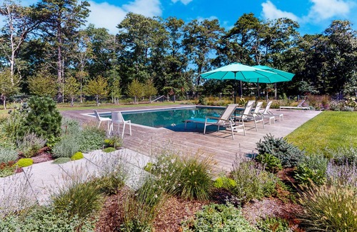 Tisbury House | Polished architectural gem w/ private pool, covered patio & vaulted ceilings