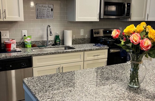 Northeast Raleigh Apartment | Pop of color Suite w/ Salt water pool