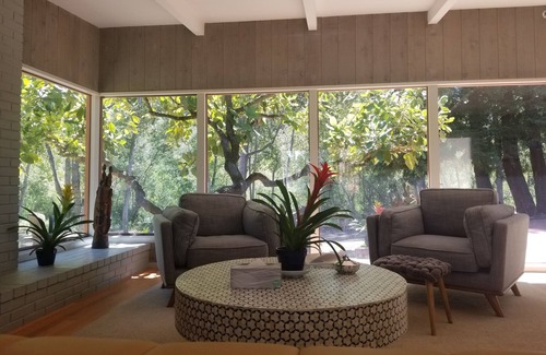 Carmel House | River-front Mid-century home + acreage: Gated flat private personal sanctuary!