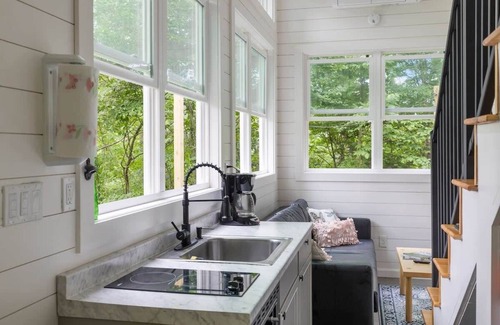 Johnson House | Riverside Tiny House with hot tub near Stowe