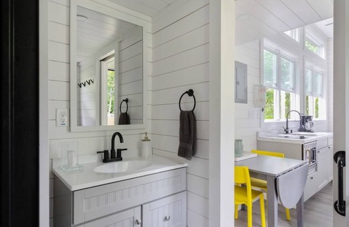 Johnson House | Riverside Tiny House with hot tub near Stowe