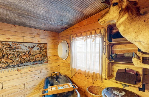 Berryville Cabin | Rustic & historic cabin with firepit, private hot tub, front porch, river access