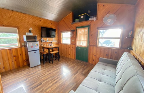 Fairport Cabin | Secluded cabin on farmland with fire pit, pond, a/c & treehouse