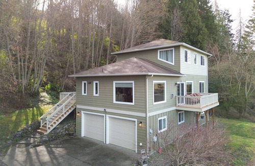 Port Angeles East House | Spacious ocean-view home with forest stream, hot tub, & private community beach!
