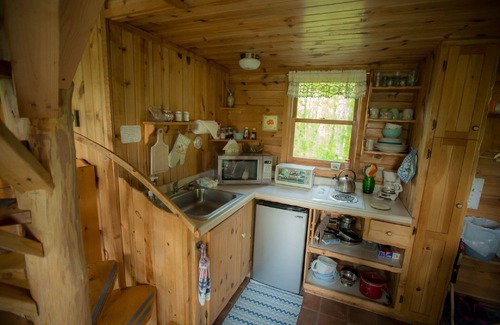 Finlayson Cabin | Spiral Staircase Leads To The Lofted Bedroom With Wall To Wall Knotty Pine.
