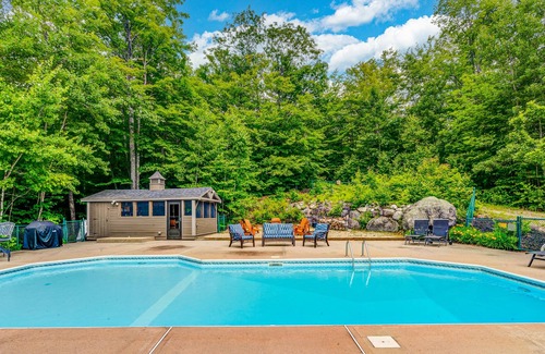 Sunday River Area House | Sprawling mountain-view home with private pool, hot tub, game room, & fireplace