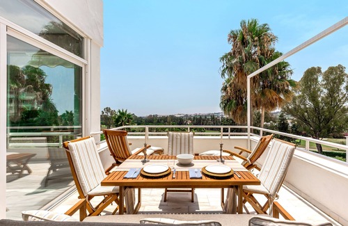 Nueva Andalucia Apartment | Stylish, quiet 3 bedroom flat with pool and views next to best beaches & golf.