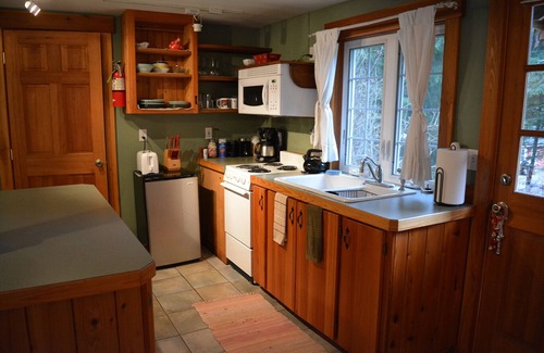 Ashford Cabin | This romantic cabin at Mt. Rainier is a one room cabin with private hot tub right on Copper Creek. It has a queen bed and a queen Murphy bed. Walk to Copper Creek Restaurant. Beautiful woodland setting.