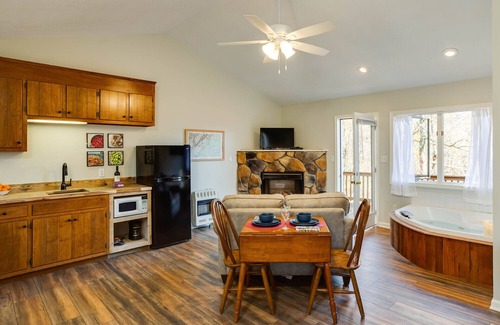Lyndhurst Apartment | Three Ridges Cabin-kitchen, fireplace, jacuzzi
