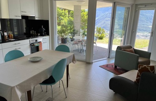 Venthone Apartment | Vacation apartment - View of mountains & town/near Crans-Montana