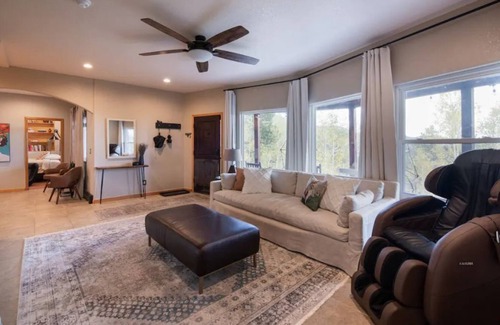 Conifer Mountain and Meadows Villa | VIEWS! Hot tub, barrel sauna, arcade, axe throwing