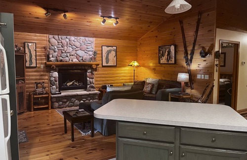 Bellaire Cabin | Waterfront log home on Lake Bellaire. Pet friendly. Fireplace, dock. dog ok