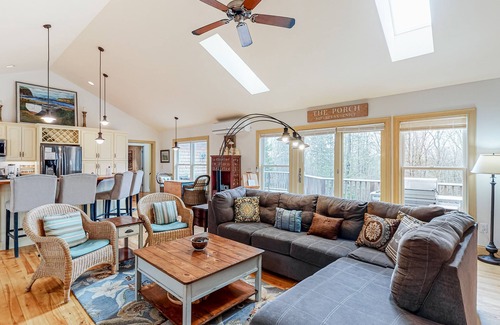 Boothbay House | Woodland hideaway with lake access, private game room, fireplace, & luxe kitchen