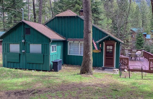 Wallowa County Cabin | Woodsy riverfront basecamp with fireplace, large deck & firepit - dogs welcome